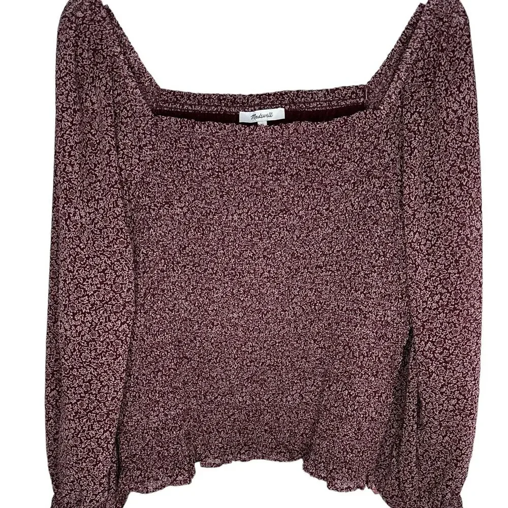Madewell Lucie Bubble Long Sleeve Smocked Burgundy Top Cottage Garden Size XL